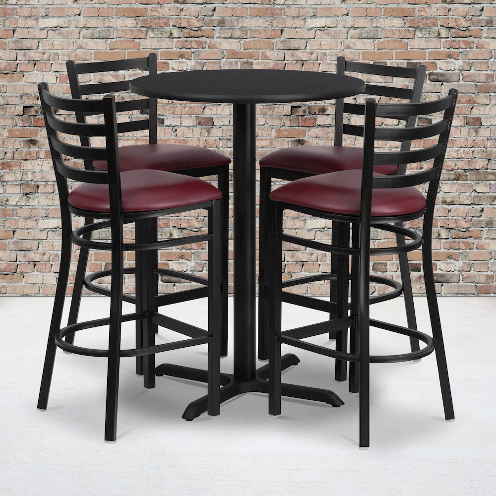 30'' Black Table Set with X-Base and 4 Metal Barstools - Burgundy Vinyl Seat. Picture 2