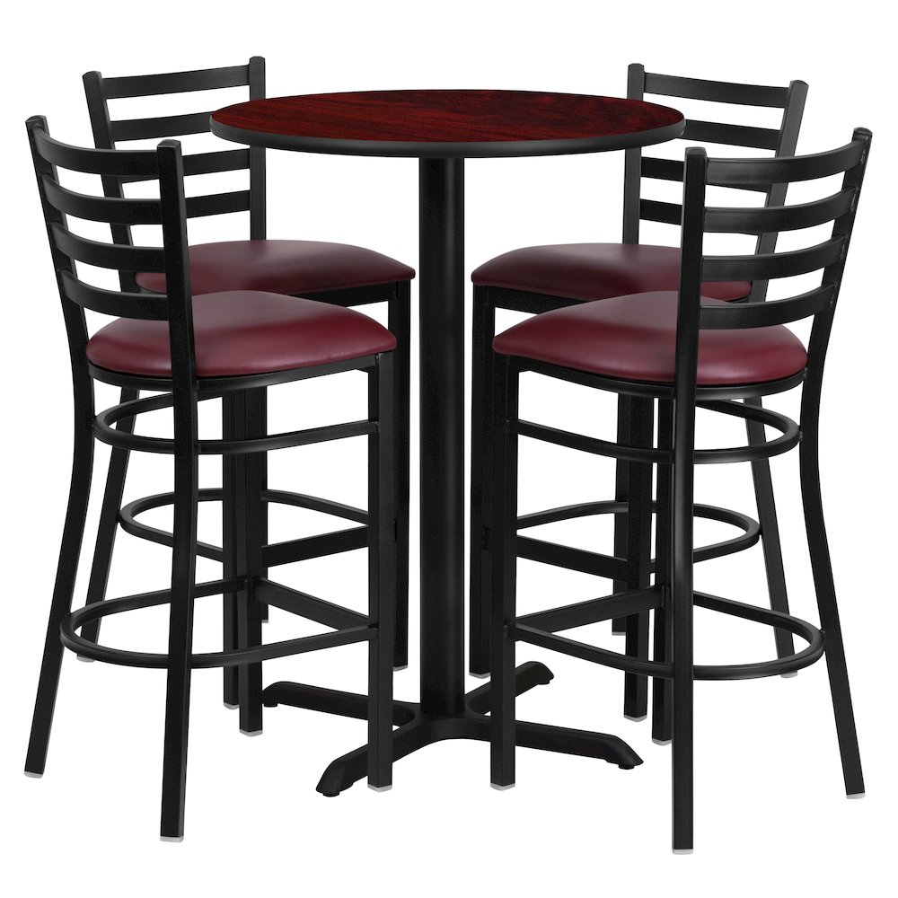 30'' Mahogany Table Set with X-Base and 4 Metal Barstools - Burgundy Vinyl Seat. Picture 1