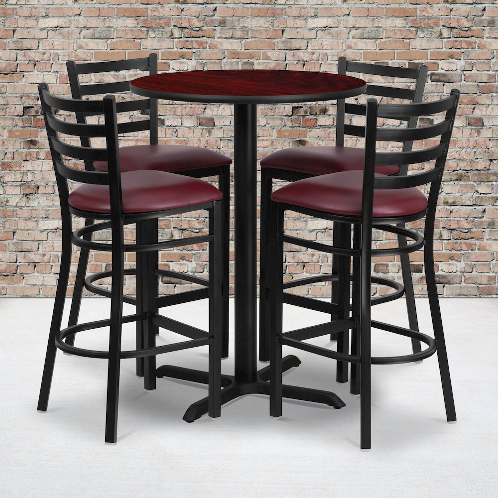 30'' Mahogany Table Set with X-Base and 4 Metal Barstools - Burgundy Vinyl Seat. Picture 2
