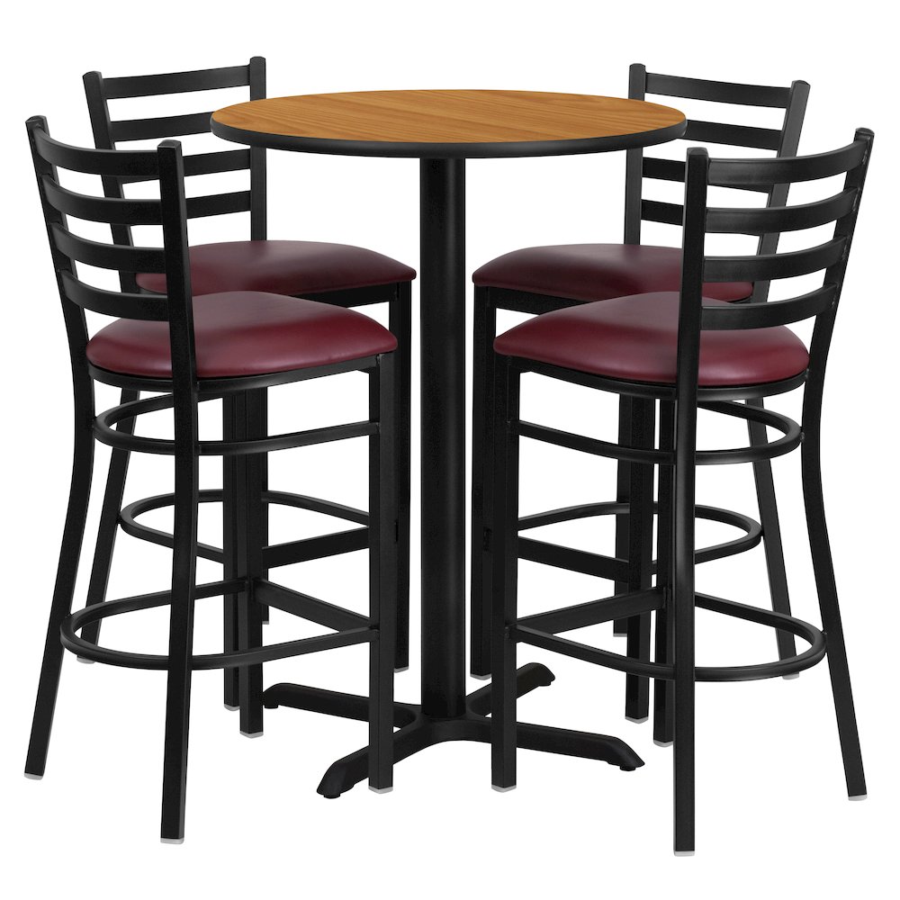 30'' Natural Table Set with X-Base and 4 Metal Barstools - Burgundy Vinyl Seat. Picture 1