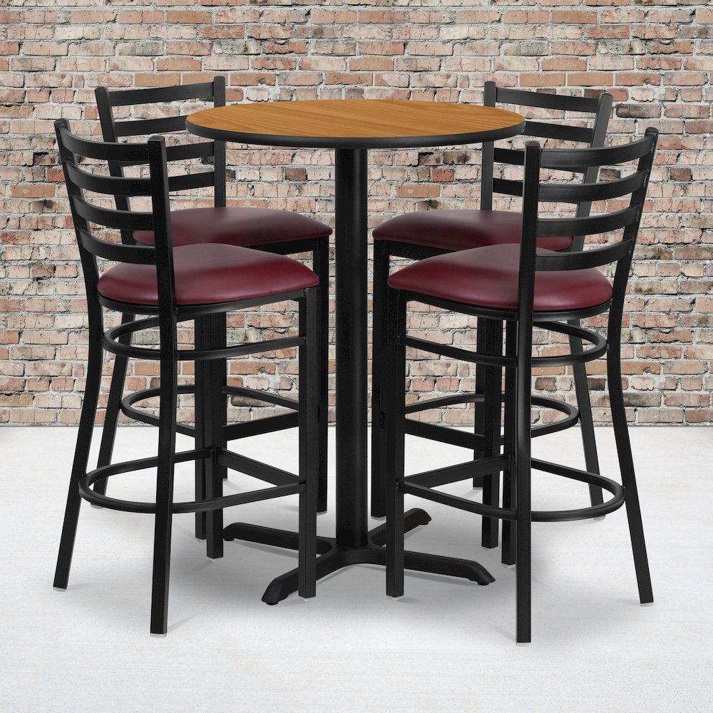 30'' Natural Table Set with X-Base and 4 Metal Barstools - Burgundy Vinyl Seat. Picture 2