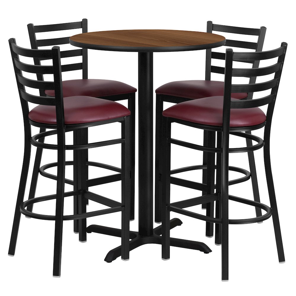 30'' Walnut Table Set with X-Base and 4 Metal Barstools - Burgundy Vinyl Seat. Picture 1