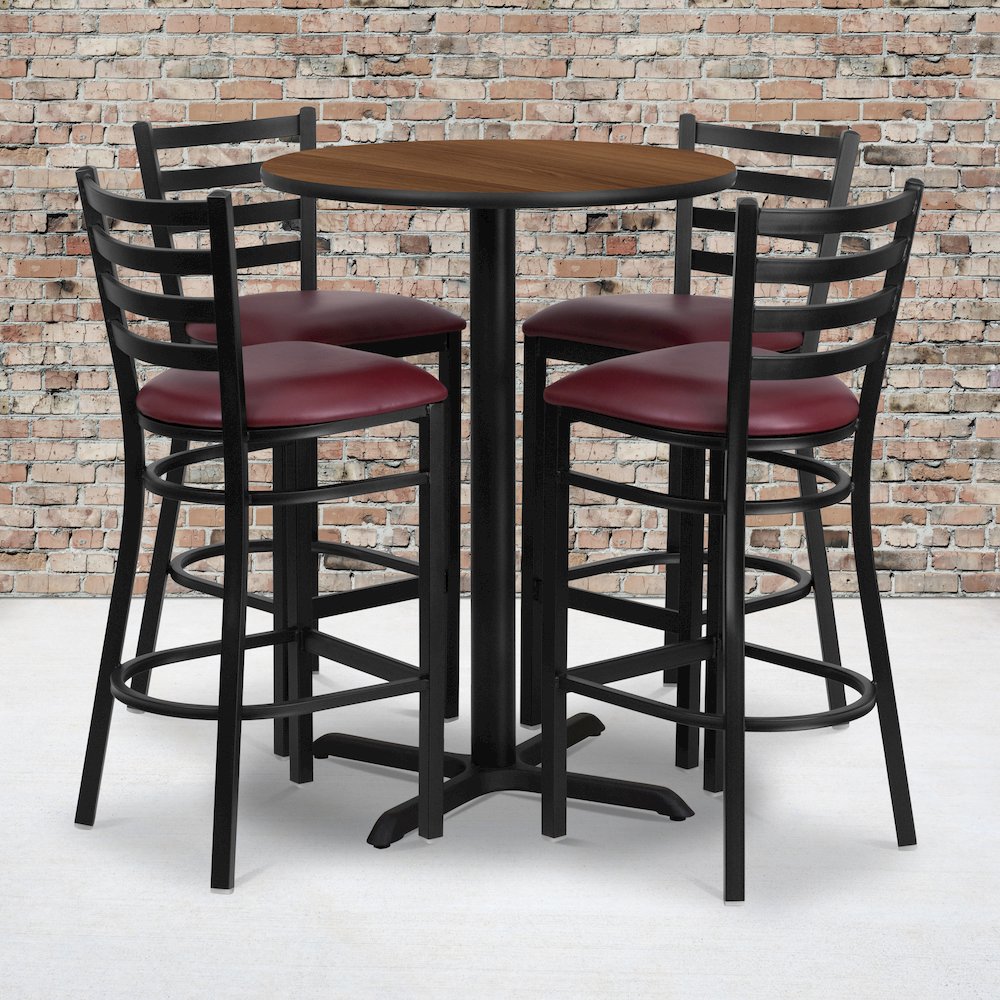 30'' Walnut Table Set with X-Base and 4 Metal Barstools - Burgundy Vinyl Seat. Picture 2