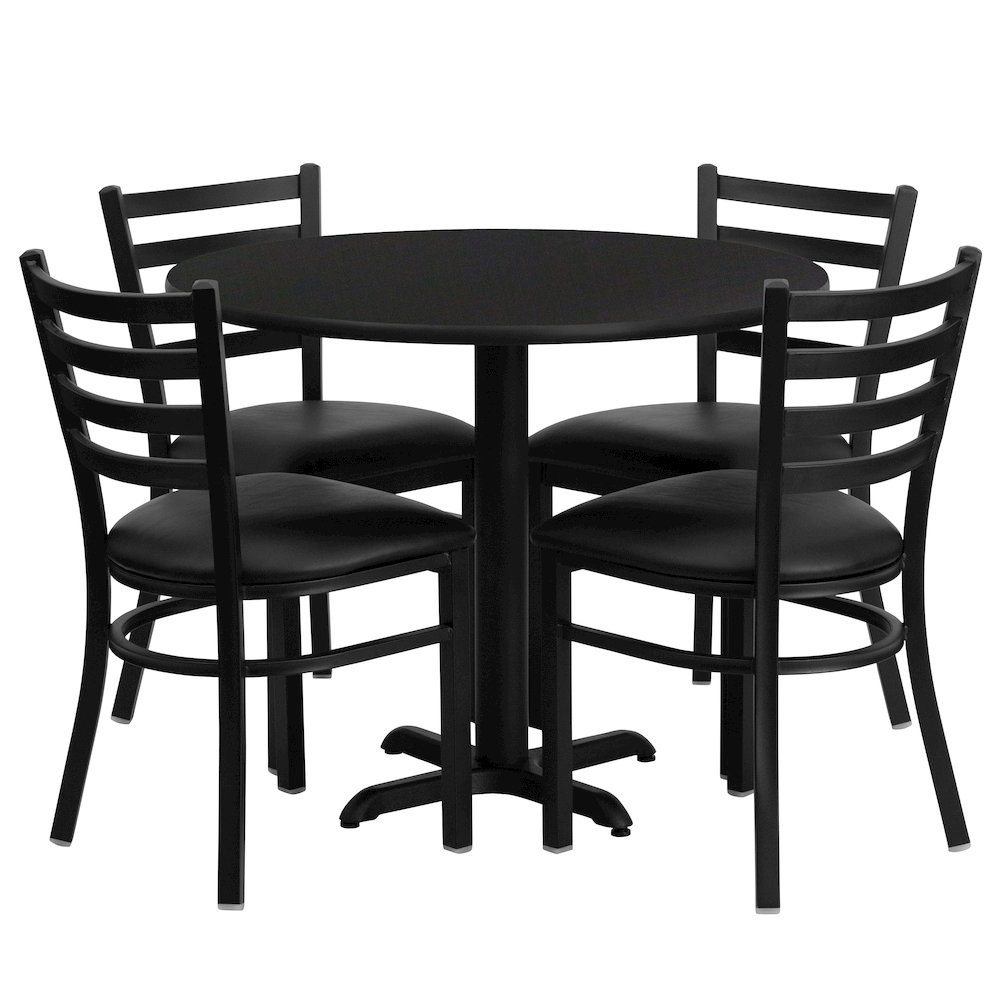36'' Black Table Set with X-Base and 4 Metal Chairs - Black Vinyl Seat. Picture 1