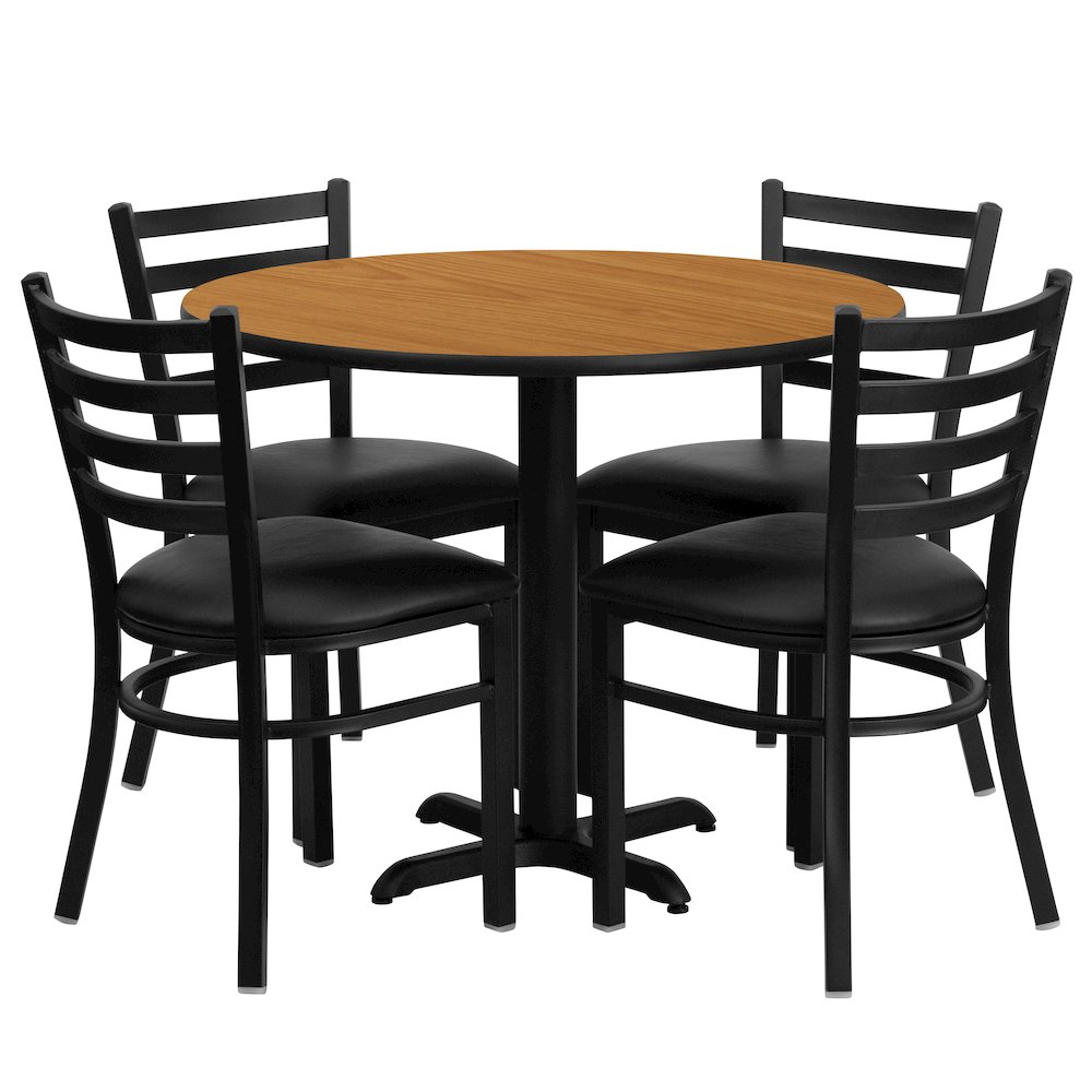 36'' Natural Table Set with X-Base and 4 Metal Chairs - Black Vinyl Seat. Picture 1