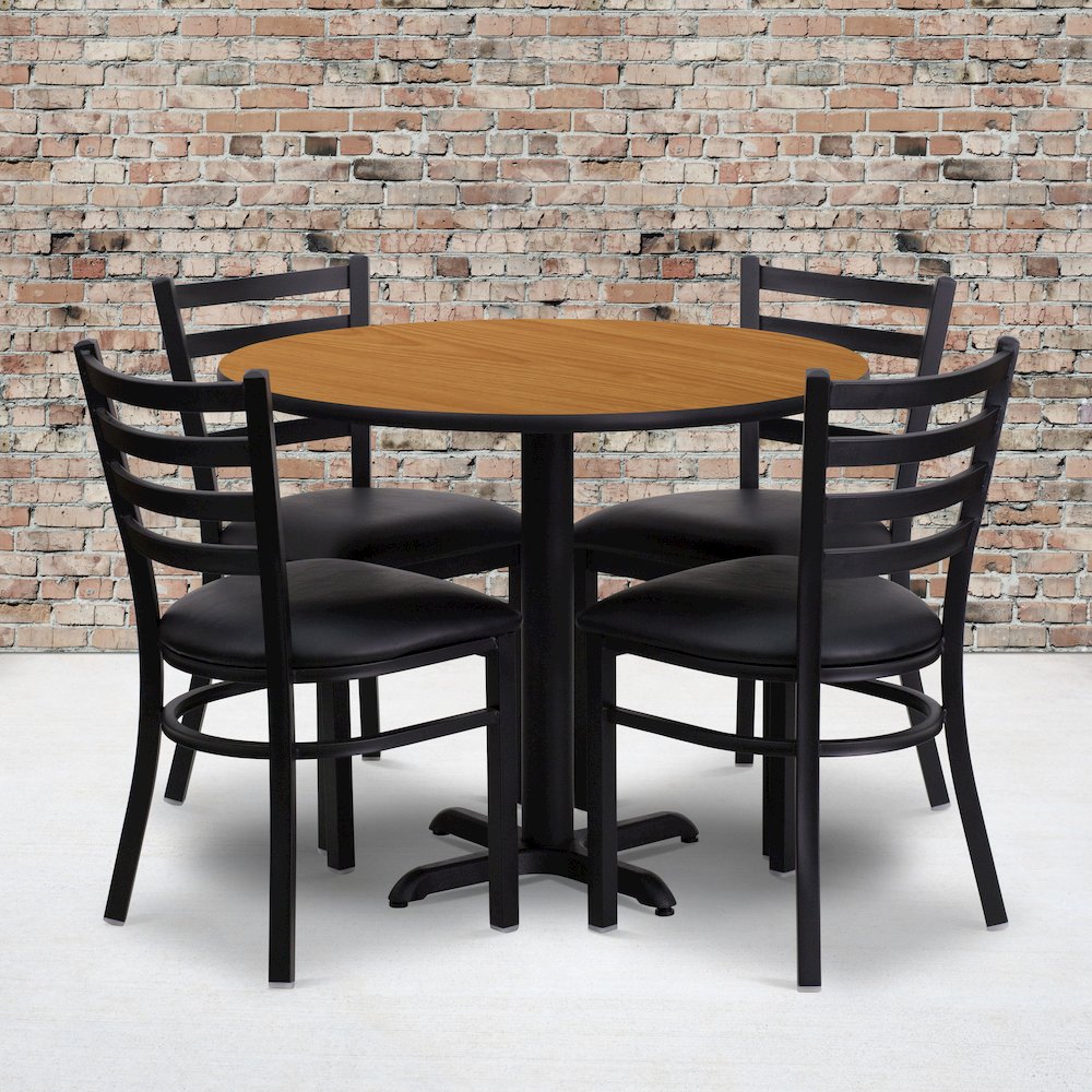 36'' Natural Table Set with X-Base and 4 Metal Chairs - Black Vinyl Seat. Picture 2