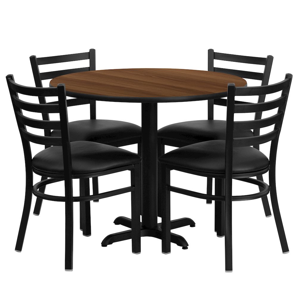 36'' Round Walnut Laminate Table Set with X-Base and 4 Ladder Back Metal Chairs - Black Vinyl Seat. Picture 1