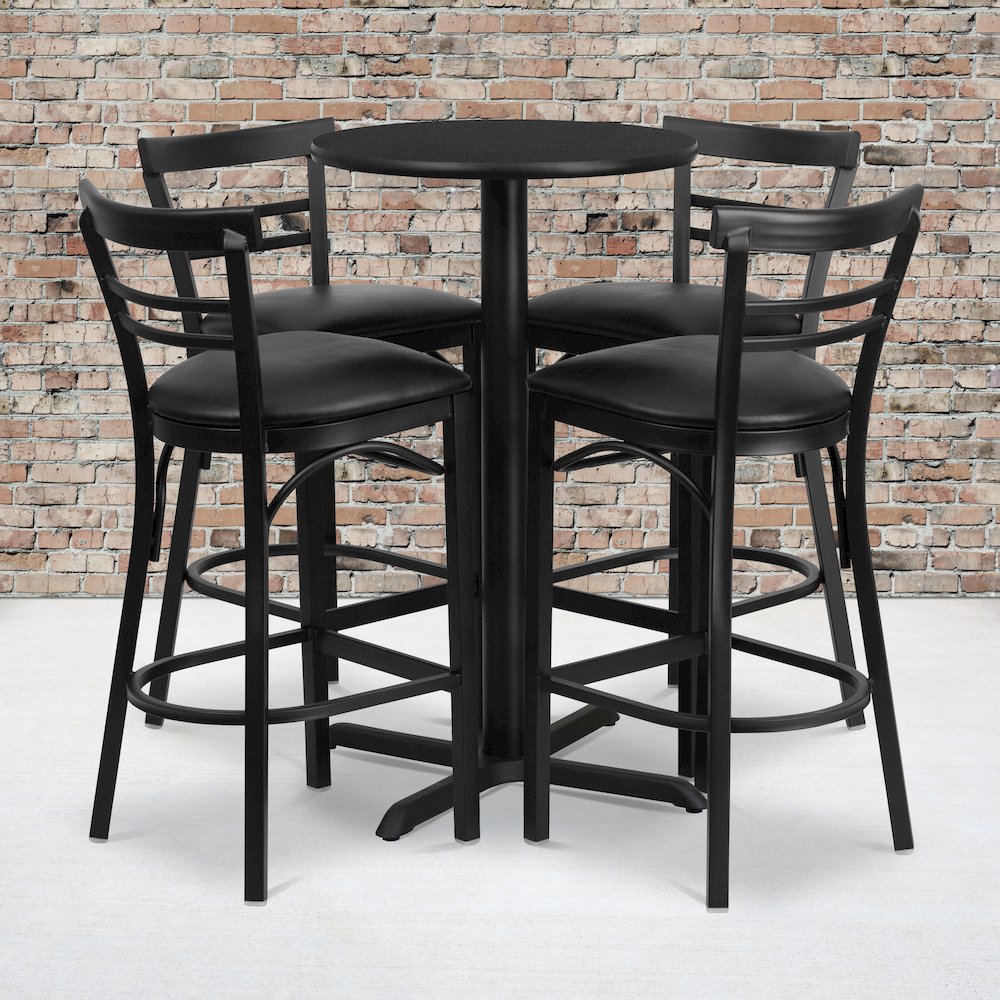 24'' Black Table Set with X-4 Two-Slat Metal Barstools - Black Vinyl Seat. Picture 2