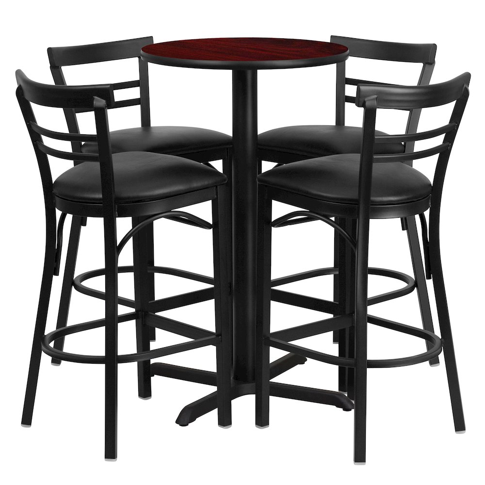 24'' Mahogany Table Set with X-4 Two-Slat Metal Barstools - Black Vinyl Seat. Picture 1