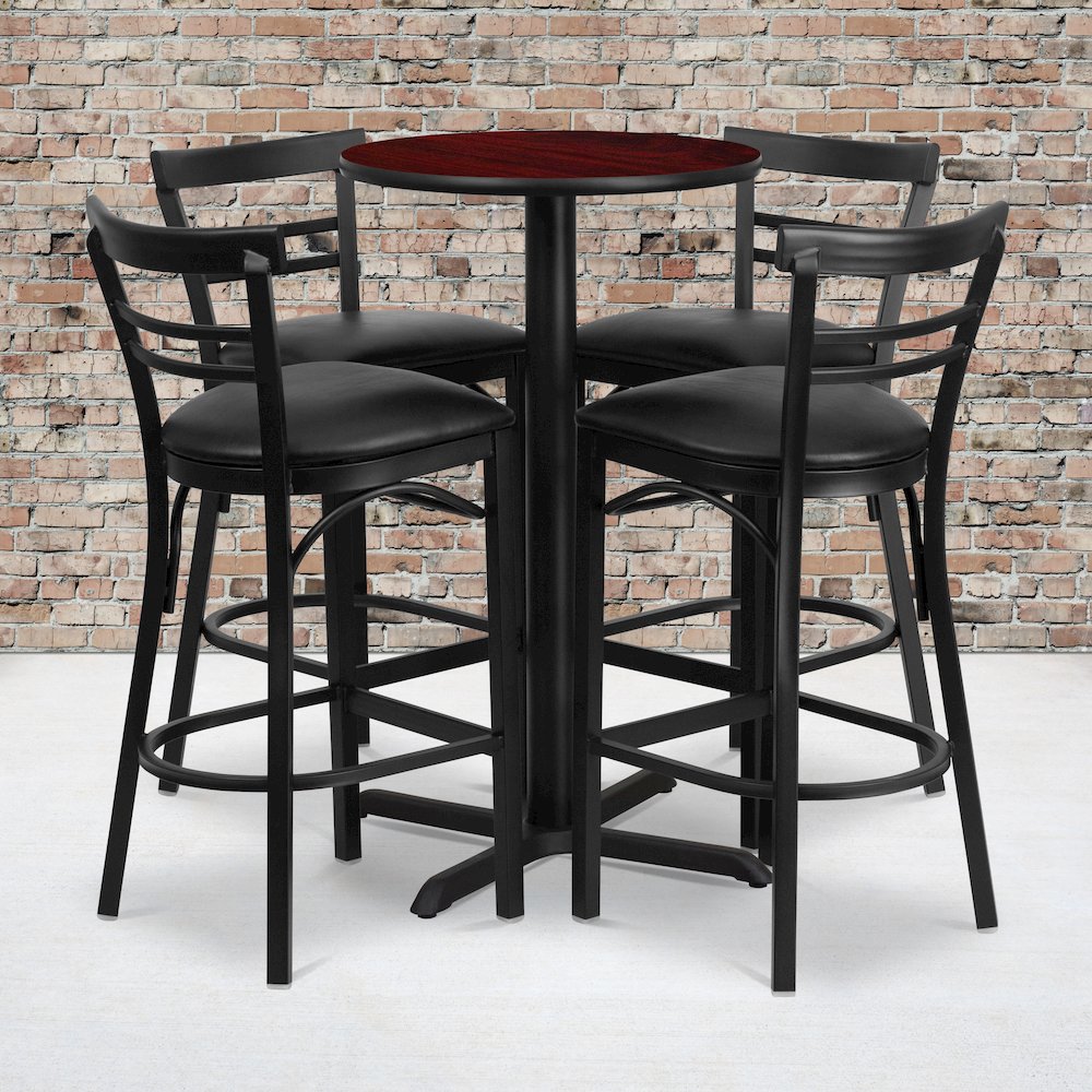 24'' Mahogany Table Set with X-4 Two-Slat Metal Barstools - Black Vinyl Seat. Picture 2