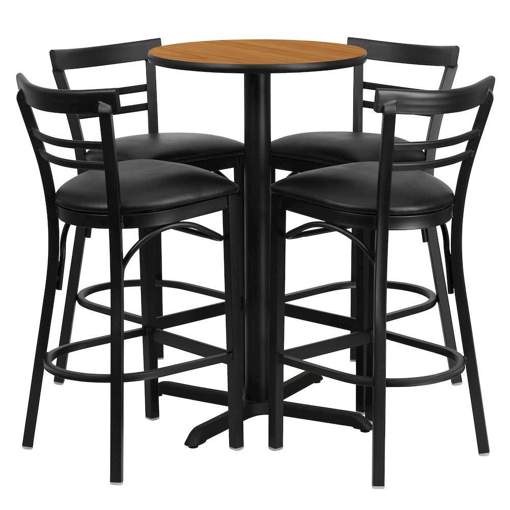 24'' Natural Table Set with X-4 Two-Slat Metal Barstools - Black Vinyl Seat. Picture 1