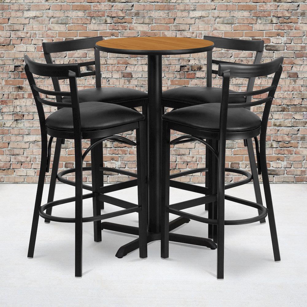 24'' Natural Table Set with X-4 Two-Slat Metal Barstools - Black Vinyl Seat. Picture 2
