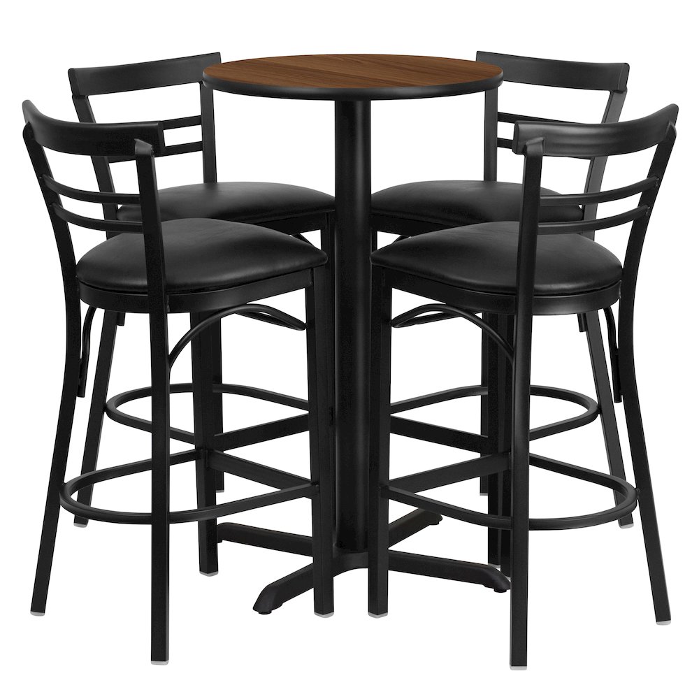 24'' Walnut Table Set with X-4 Two-Slat Metal Barstools - Black Vinyl Seat. Picture 1