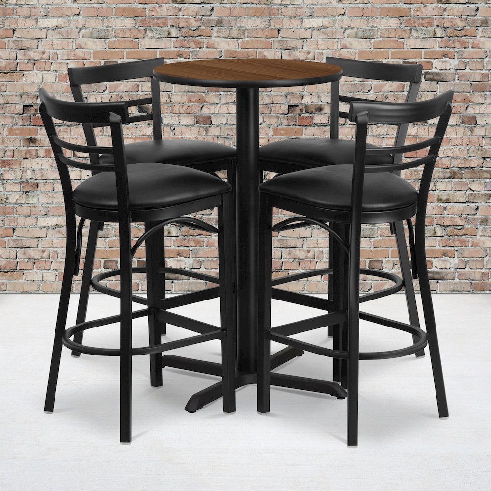 24'' Walnut Table Set with X-4 Two-Slat Metal Barstools - Black Vinyl Seat. Picture 2