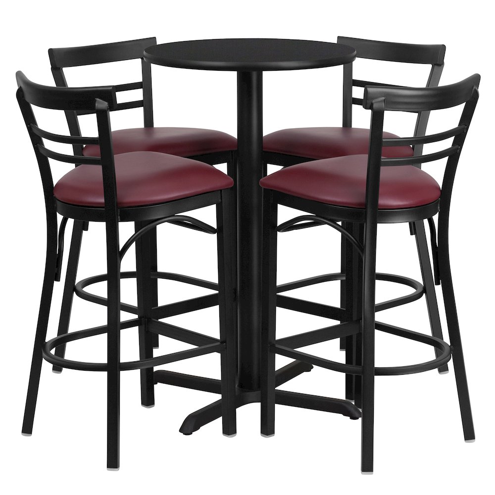 24'' Black Table Set with X-4 Two-Slat Metal Barstools - Burgundy Vinyl Seat. Picture 1