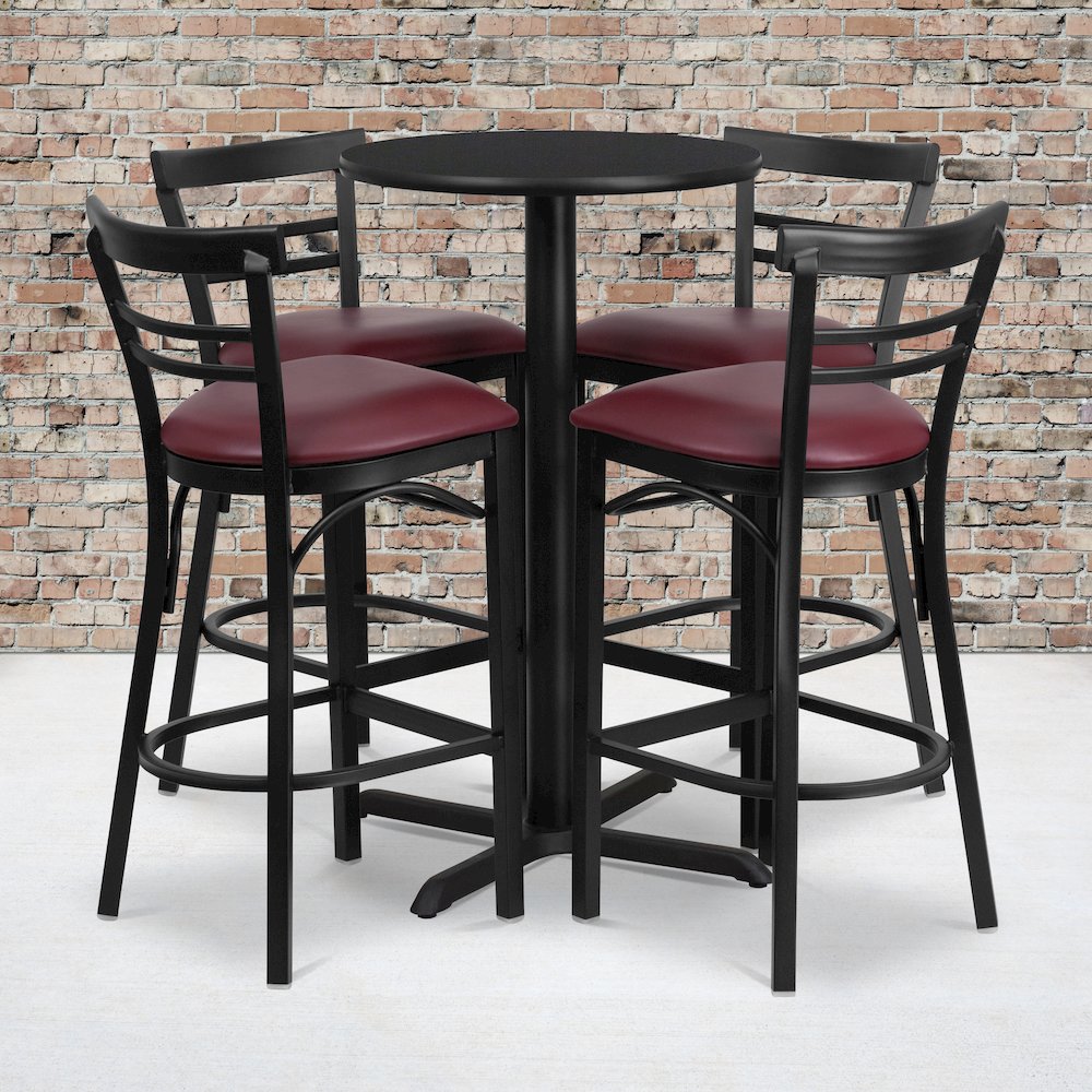 24'' Black Table Set with X-4 Two-Slat Metal Barstools - Burgundy Vinyl Seat. Picture 2