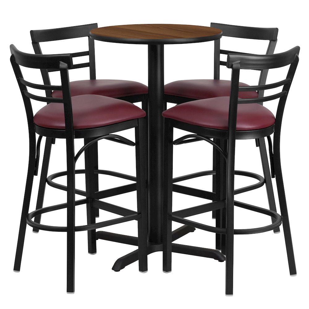 24'' Walnut Table Set with X-4 Two-Slat Metal Barstools - Burgundy Vinyl Seat. Picture 1