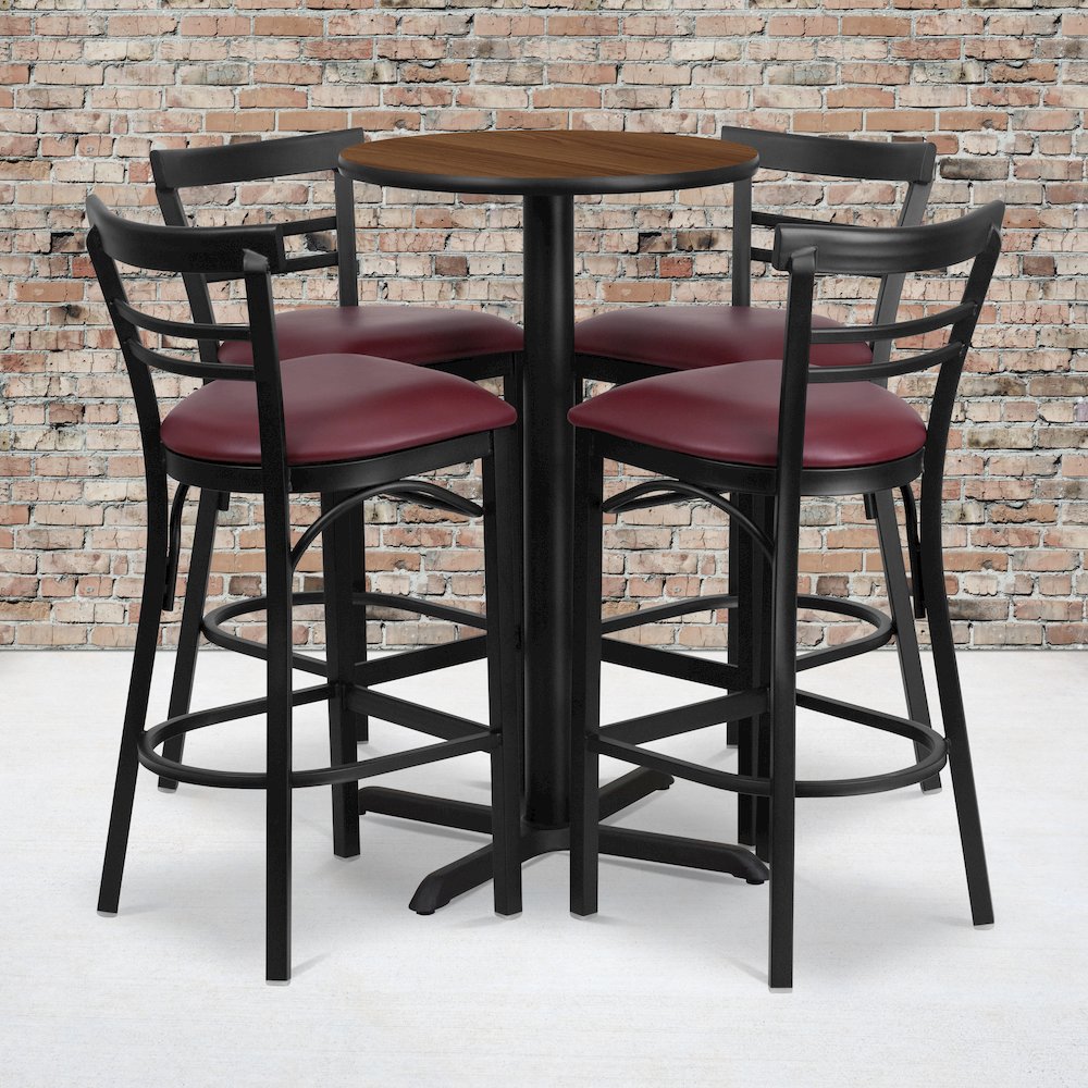 24'' Walnut Table Set with X-4 Two-Slat Metal Barstools - Burgundy Vinyl Seat. Picture 2