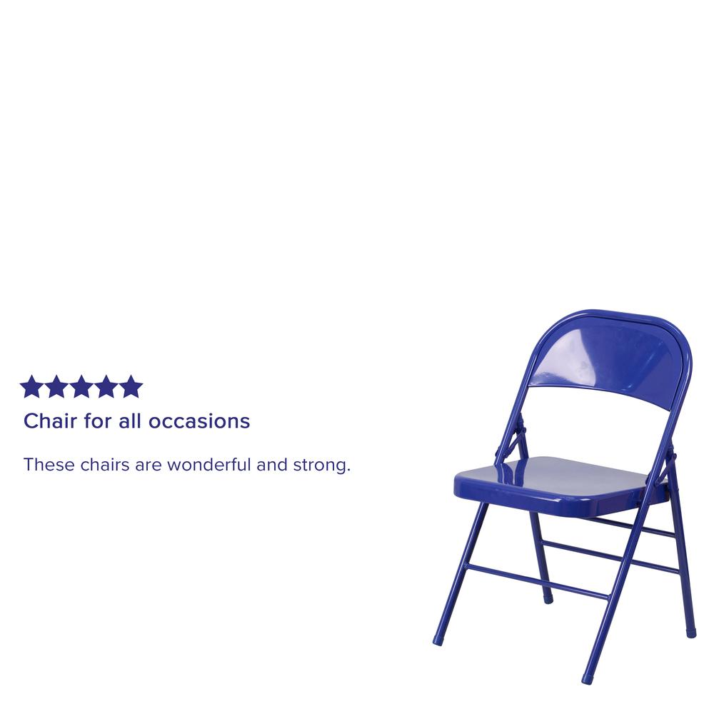 Cobalt Blue Triple Braced & Double Hinged Metal Folding Chair. Picture 19