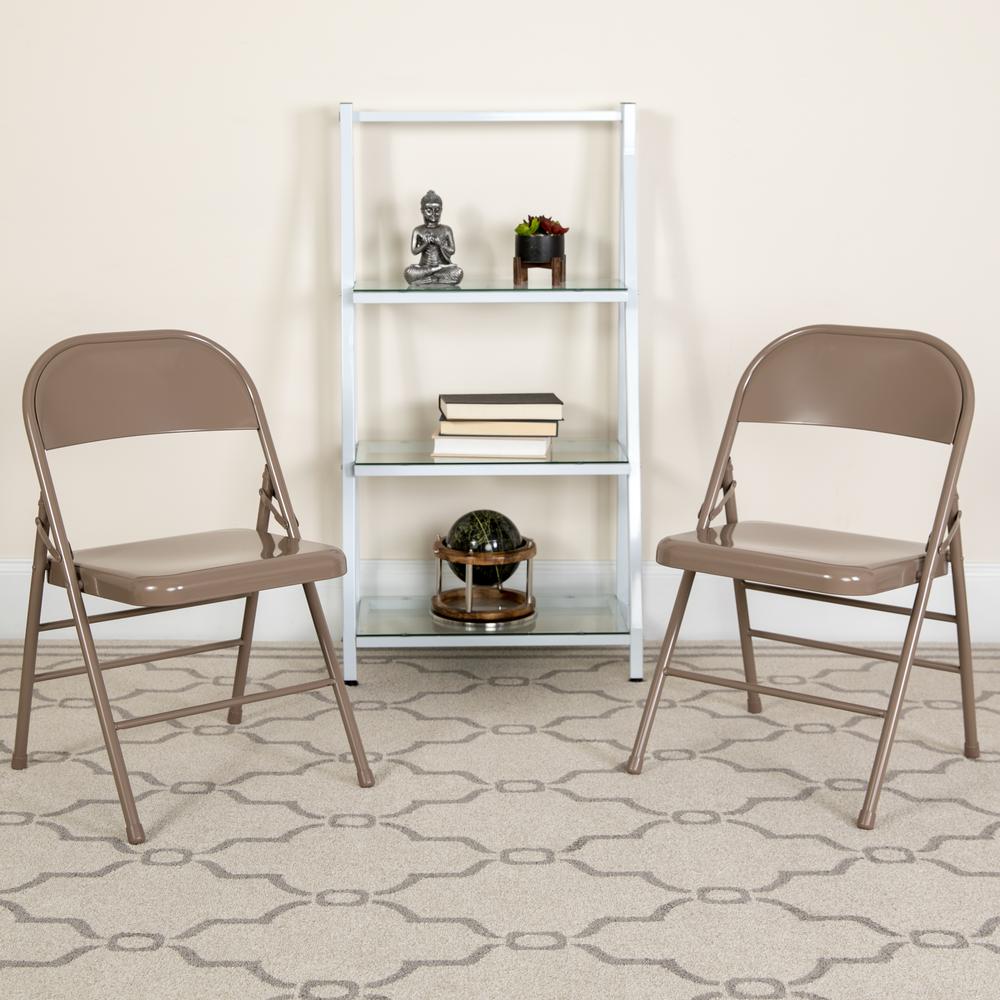 Triple Braced & Double Hinged Beige Metal Folding Chair. Picture 18