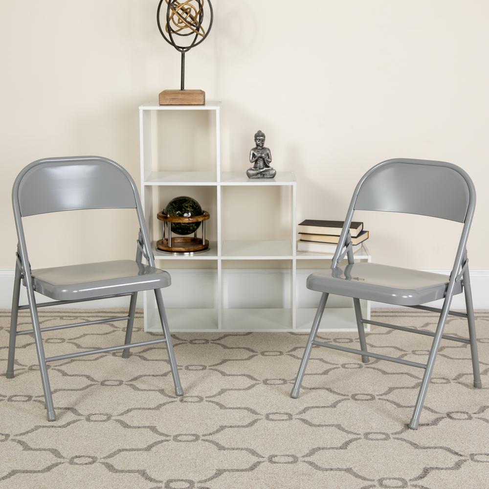 Triple Braced & Double Hinged Gray Metal Folding Chair. Picture 18