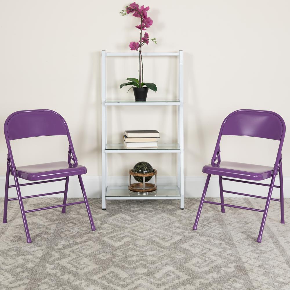 Impulsive Purple Triple Braced & Double Hinged Metal Folding Chair. Picture 16