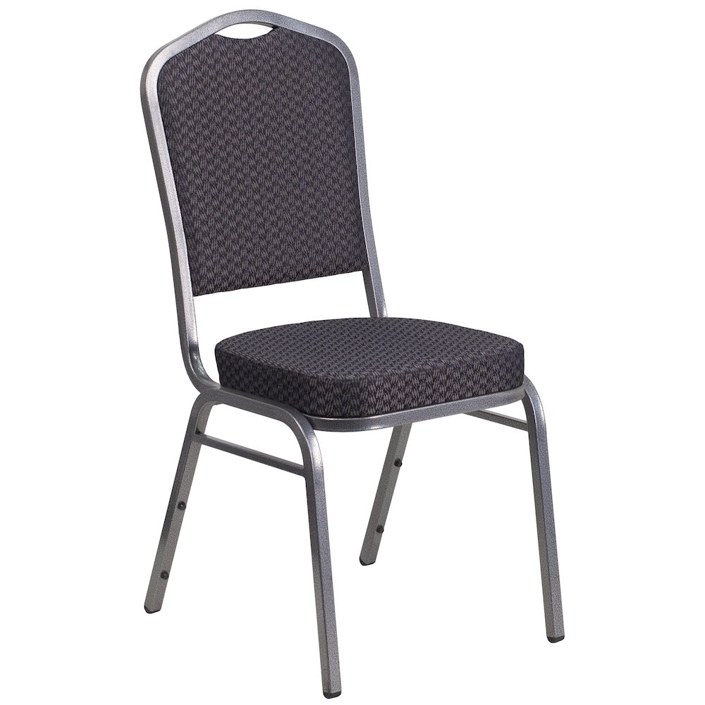 Crown Back Stacking Banquet Chair in Black Patterned Fabric - Silver Vein Frame. Picture 1