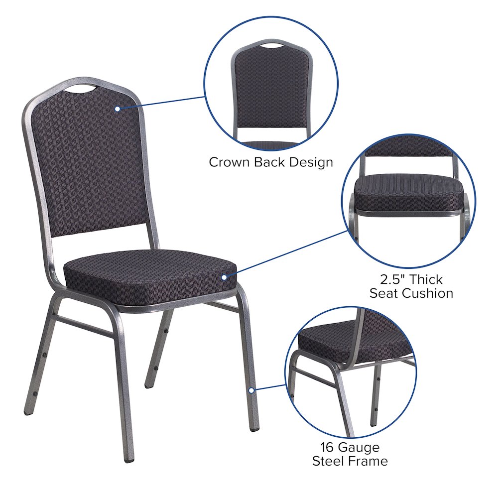 Crown Back Stacking Banquet Chair in Black Patterned Fabric - Silver Vein Frame. Picture 6