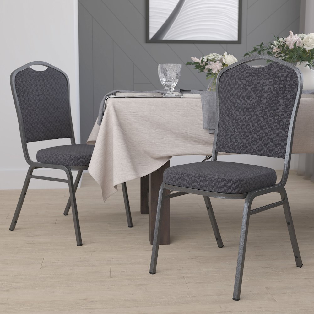 Crown Back Stacking Banquet Chair in Black Patterned Fabric - Silver Vein Frame. Picture 9