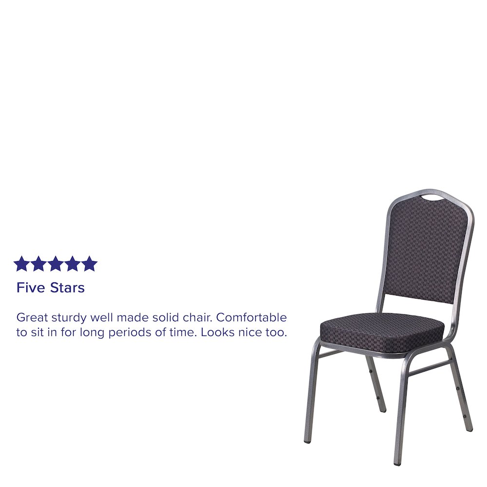 Crown Back Stacking Banquet Chair in Black Patterned Fabric - Silver Vein Frame. Picture 10