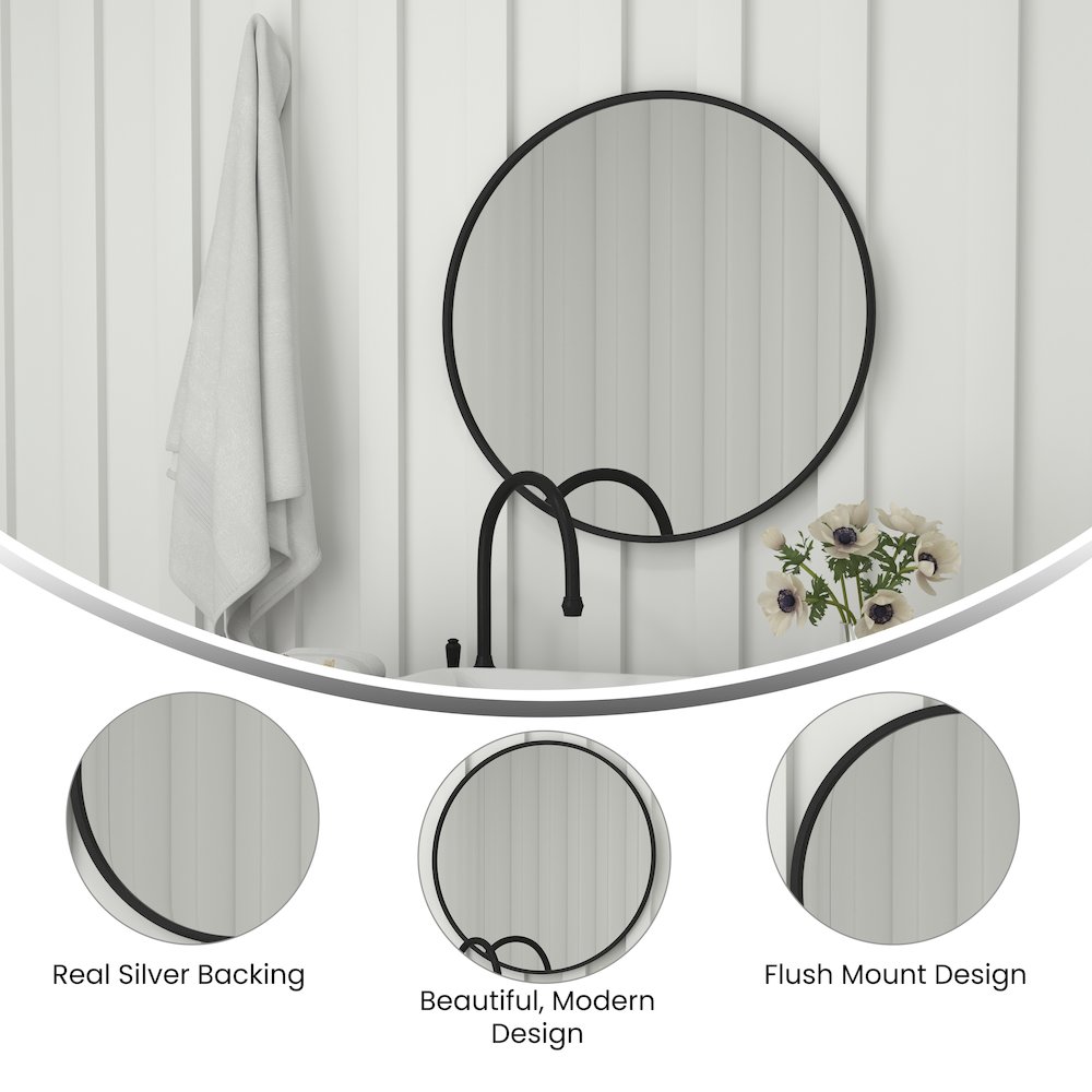 30" Round Black Metal Framed Wall Mirror. Picture 4