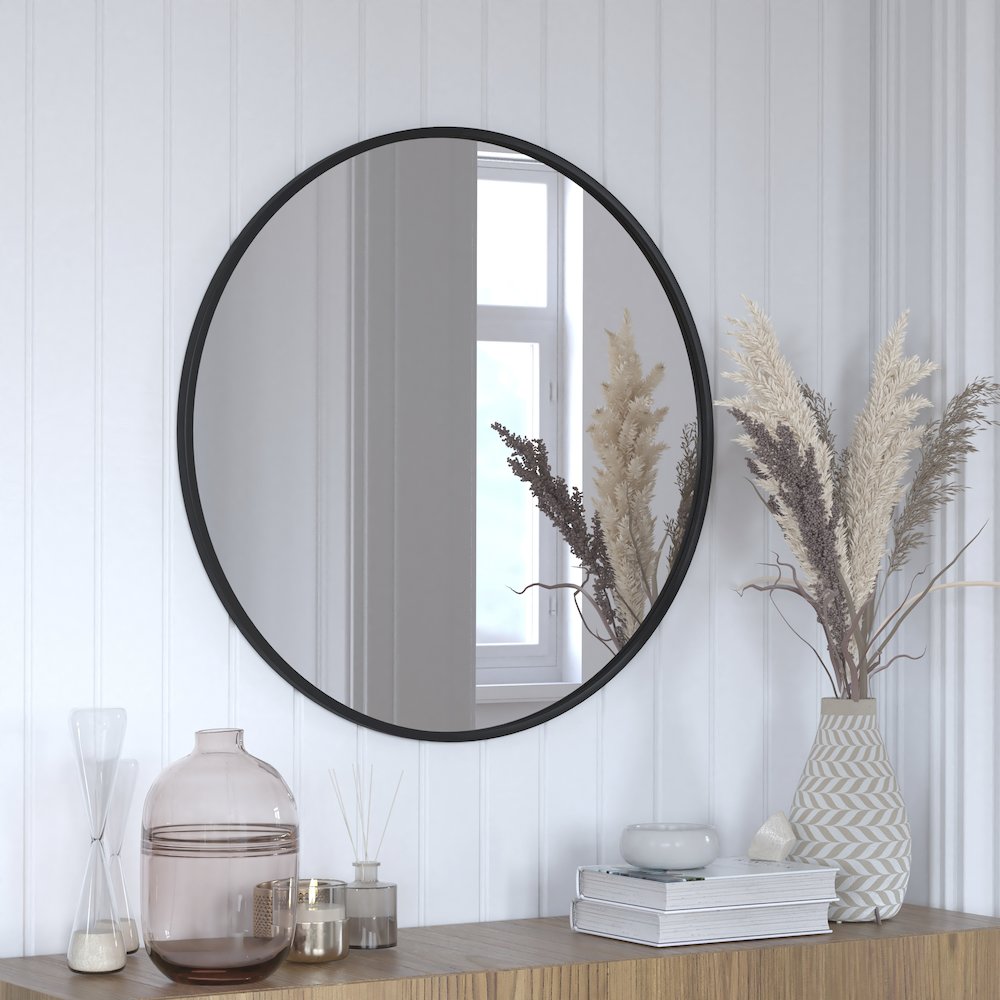 30" Round Black Metal Framed Wall Mirror. Picture 2