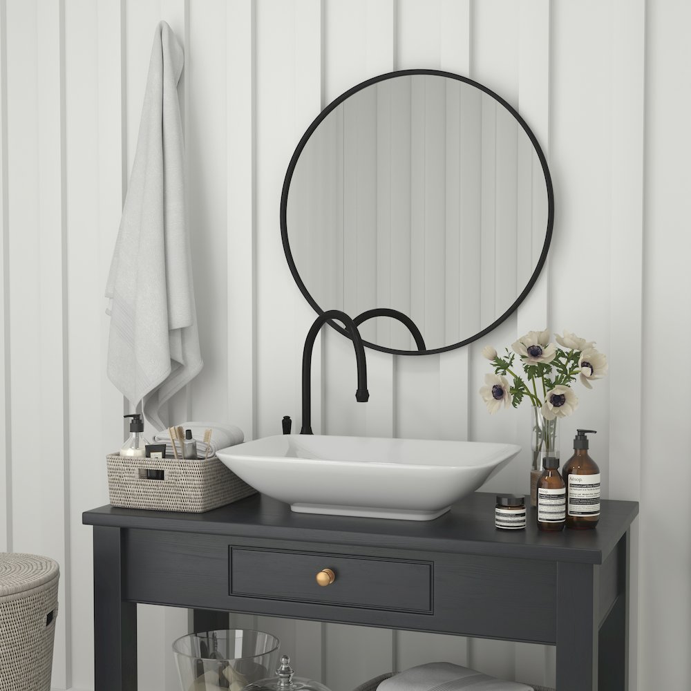 30" Round Black Metal Framed Wall Mirror. Picture 6