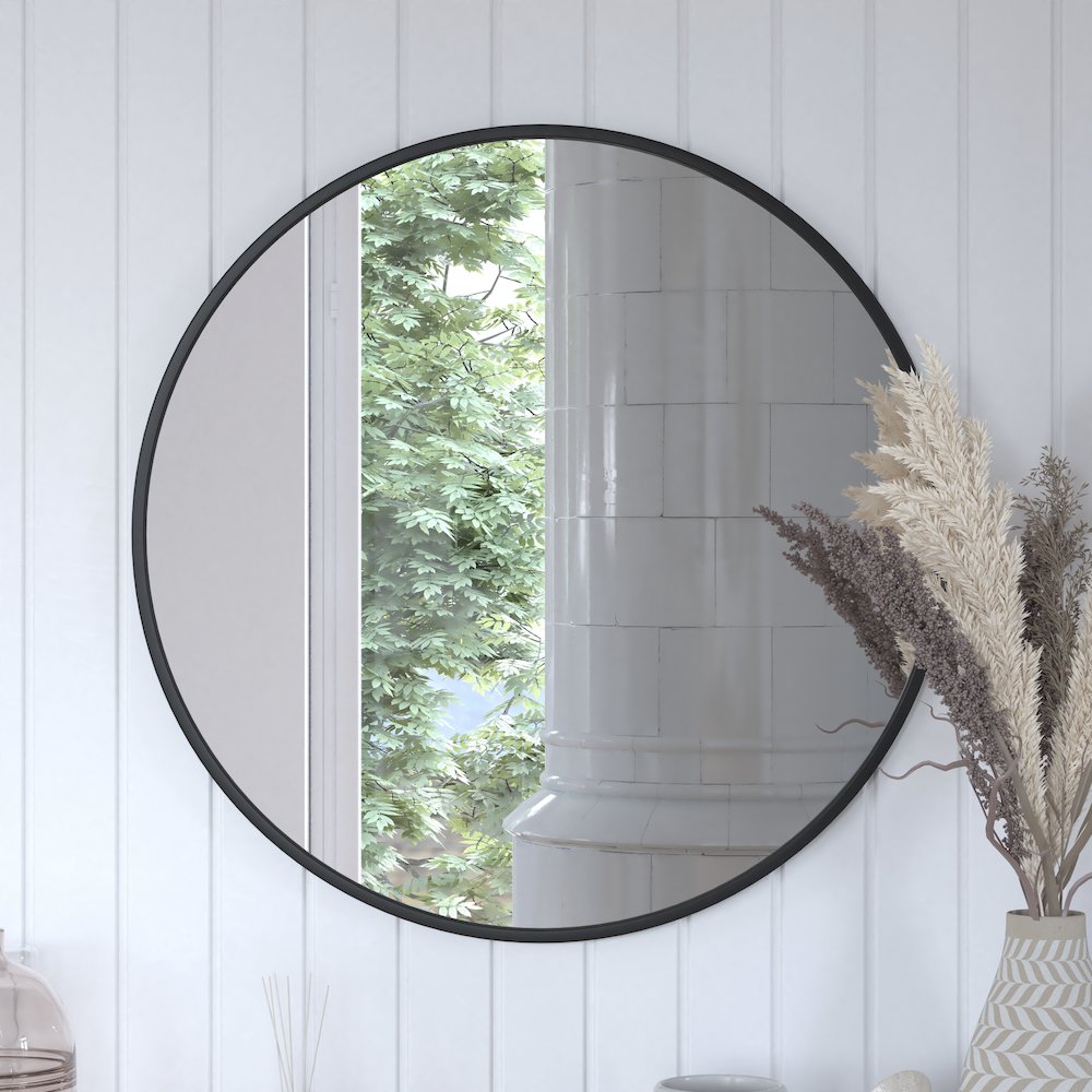 30" Round Black Metal Framed Wall Mirror. Picture 7