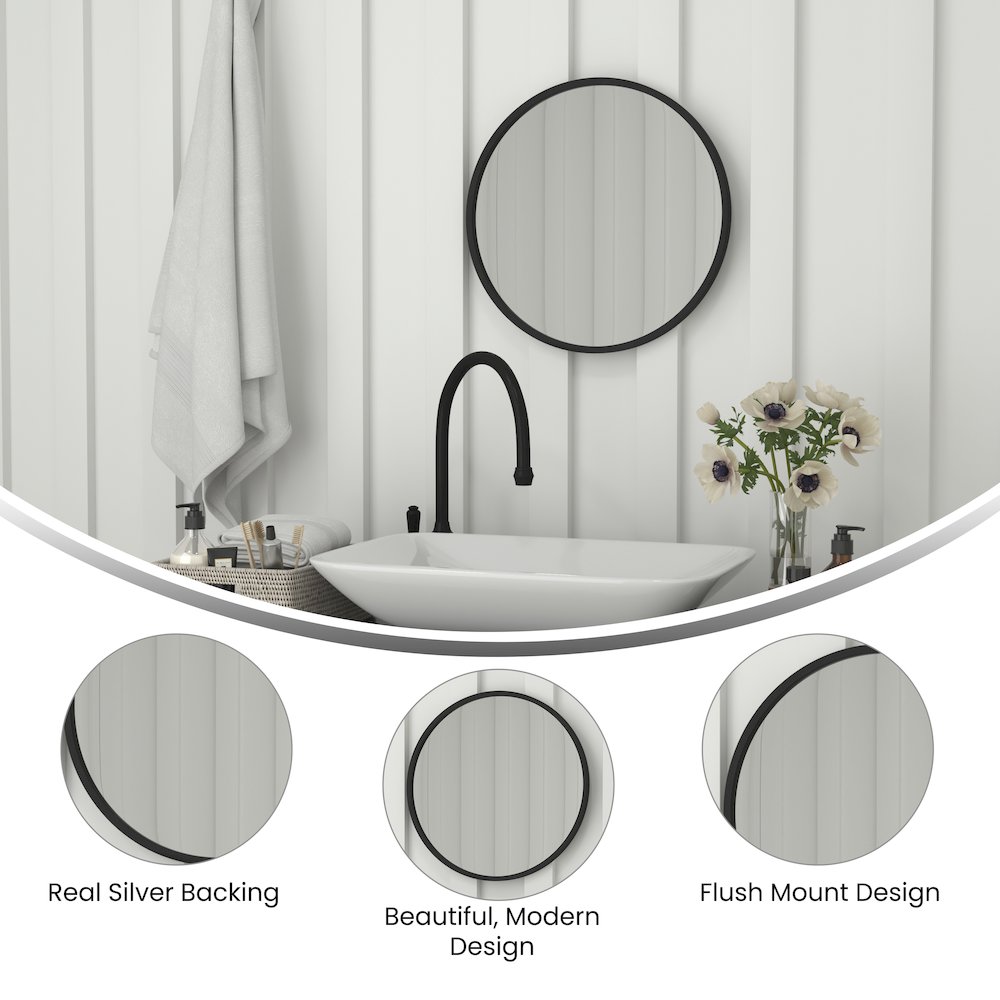 20" Round Black Metal Framed Wall Mirror. Picture 4