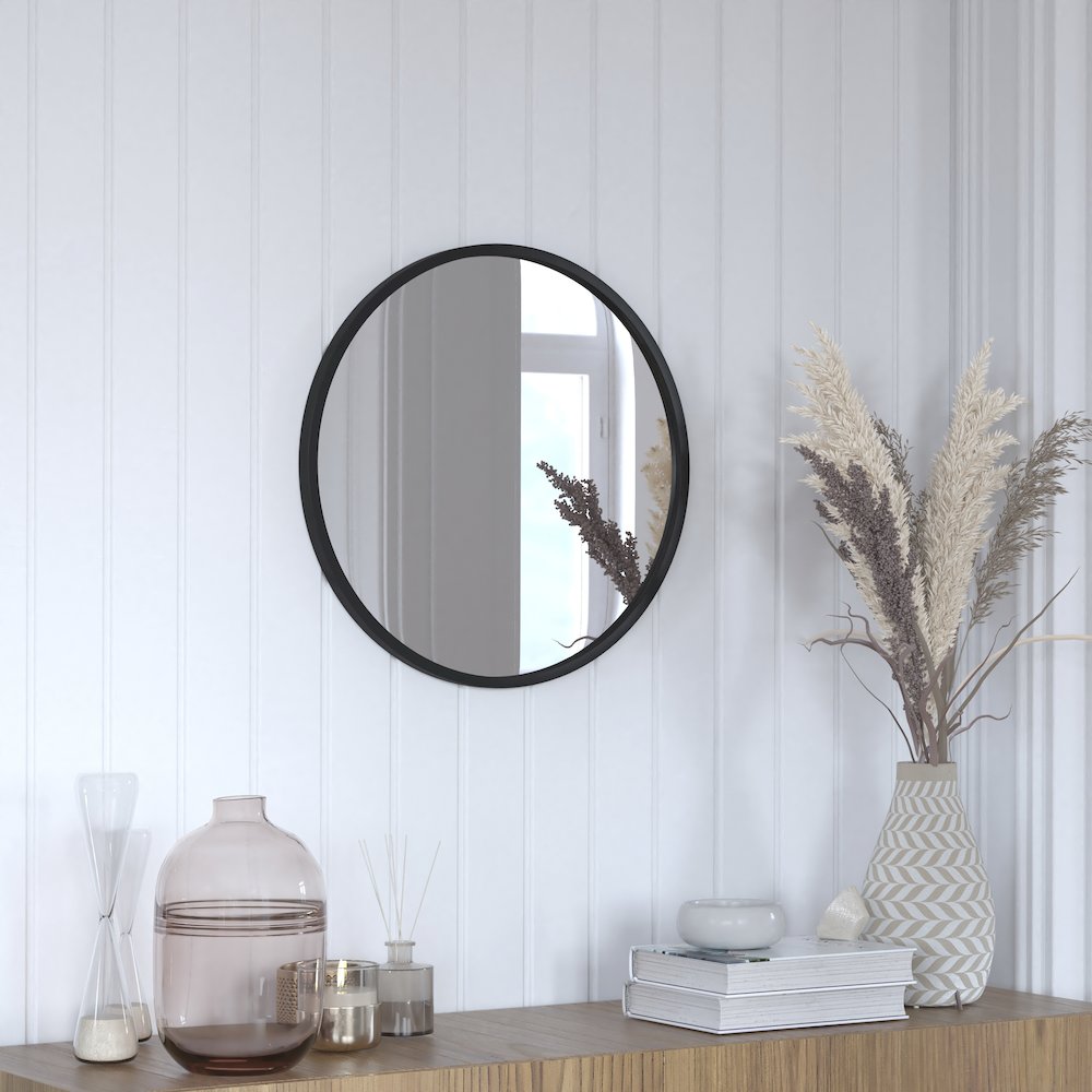20" Round Black Metal Framed Wall Mirror. Picture 2