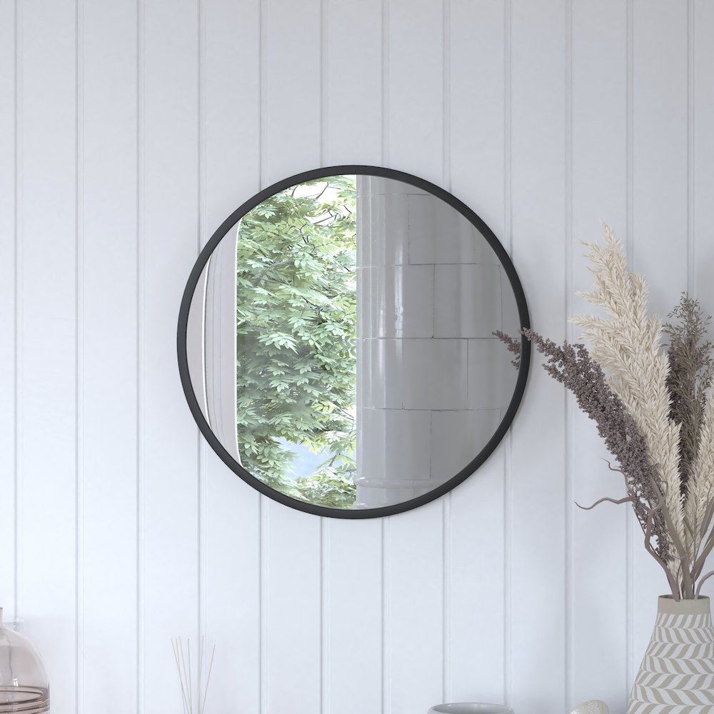 20" Round Black Metal Framed Wall Mirror. Picture 7