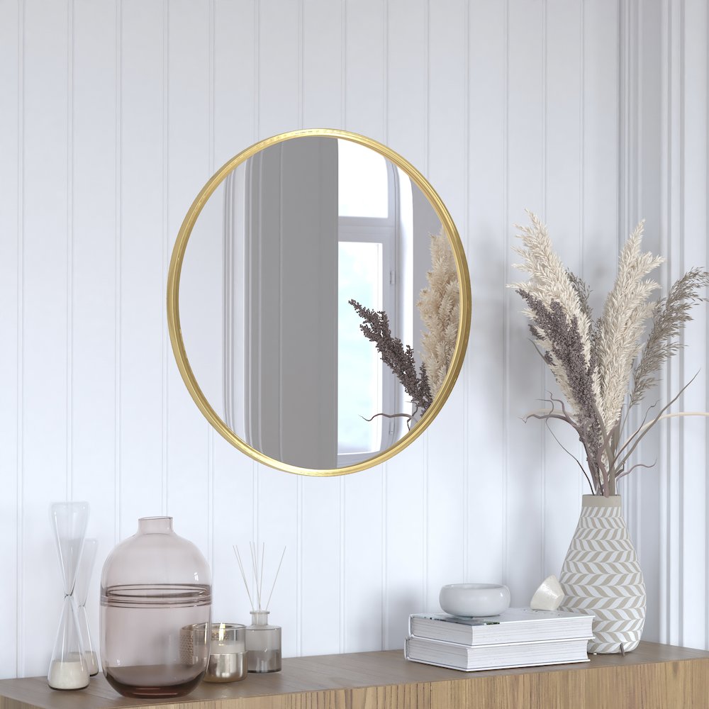 24" Round Gold Metal Framed Wall Mirror. Picture 2