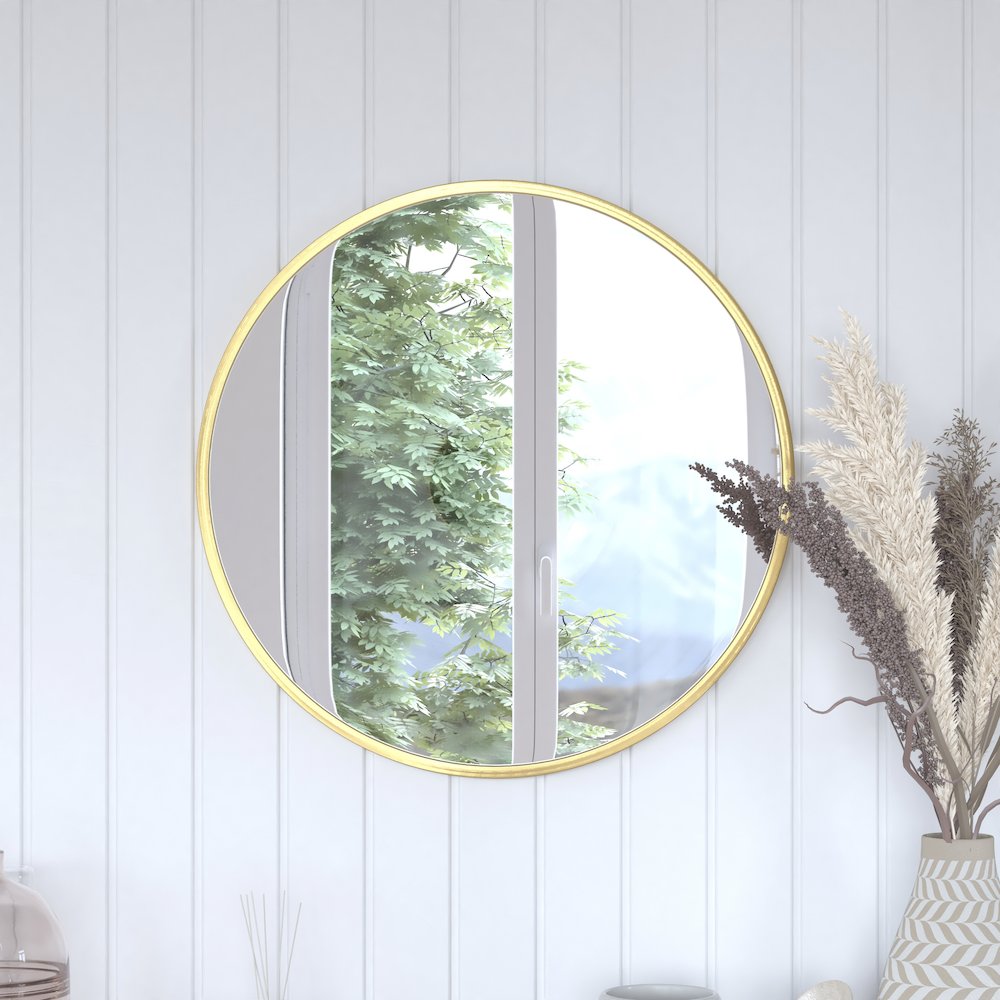 24" Round Gold Metal Framed Wall Mirror. Picture 7