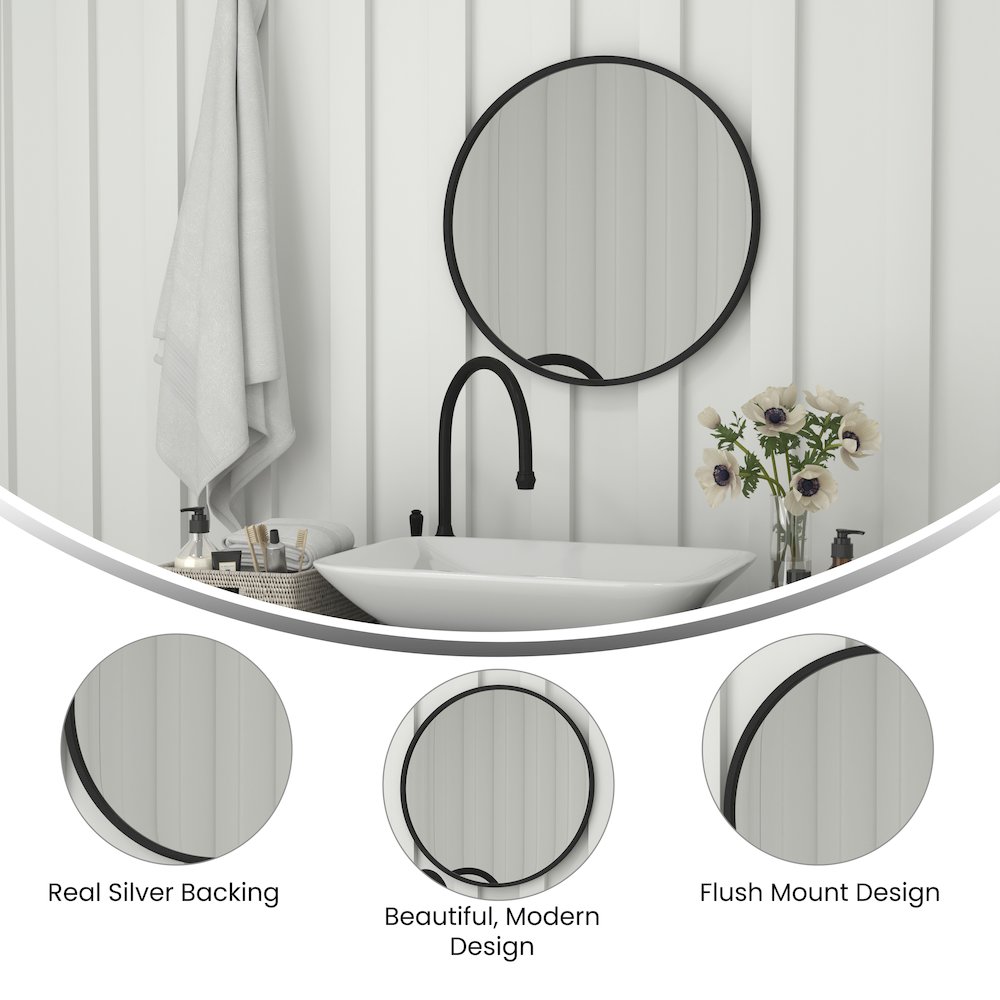 24" Round Black Metal Framed Wall Mirror. Picture 4