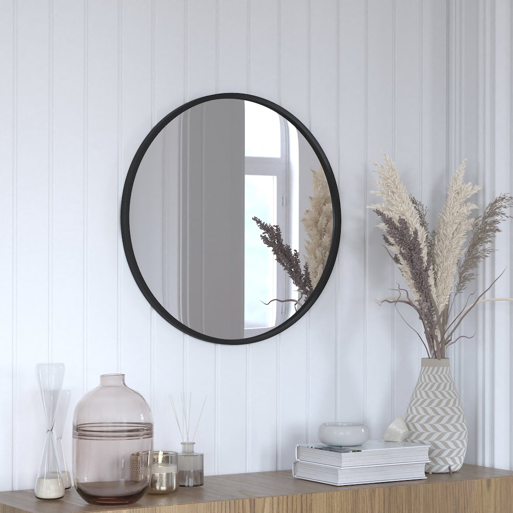 24" Round Black Metal Framed Wall Mirror. Picture 2
