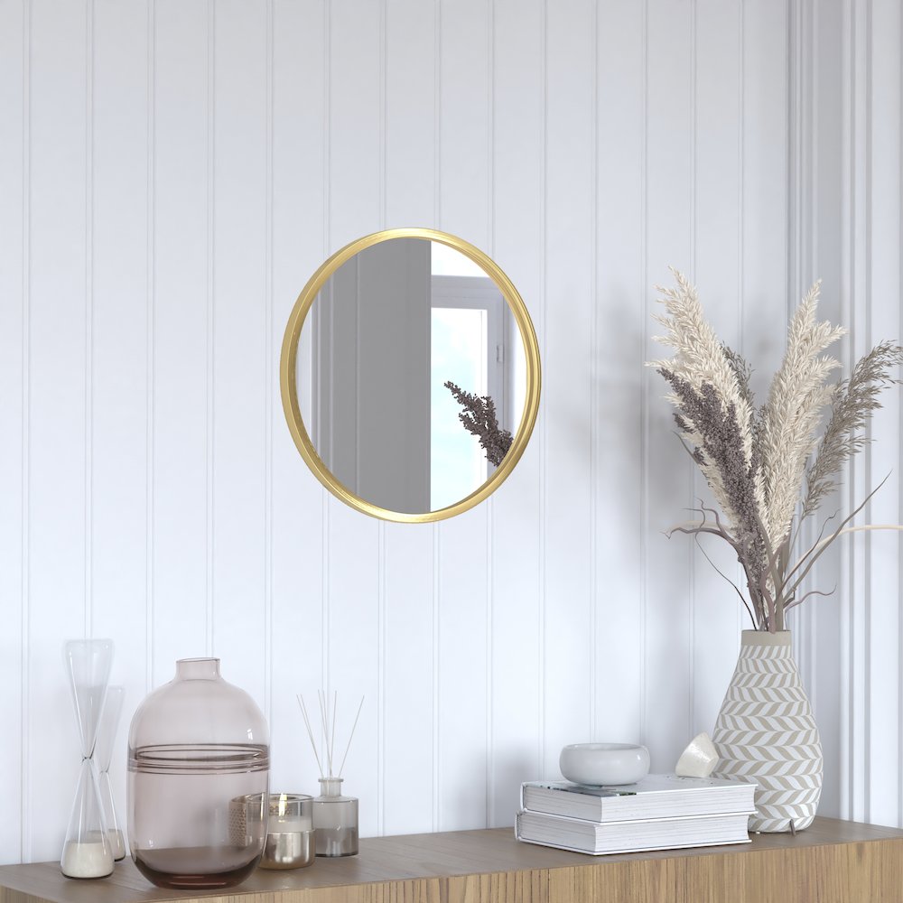 16" Round Gold Metal Framed Wall Mirror. Picture 2