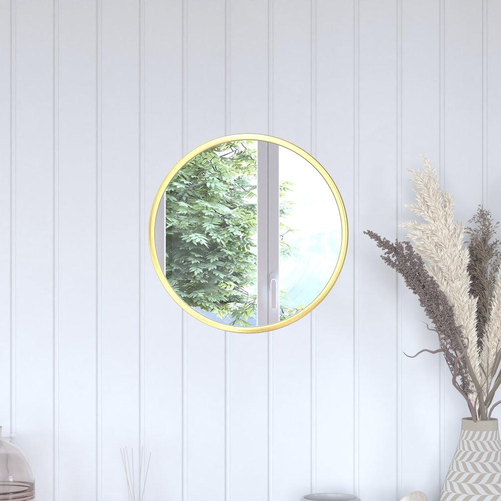 16" Round Gold Metal Framed Wall Mirror. Picture 7