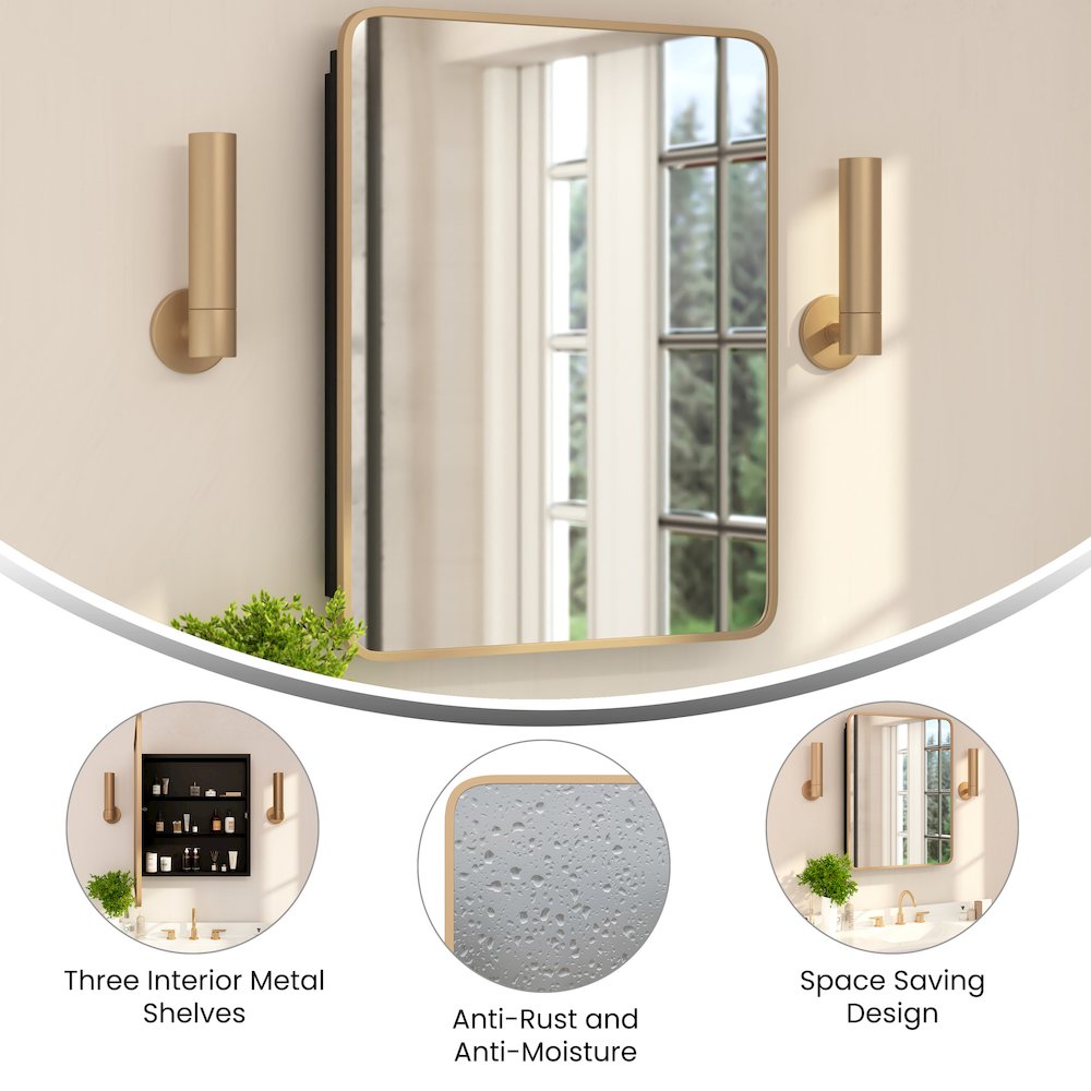 24" x 30"Bathroom Medicine Cabinet with Rounded Beveled Mirror, Gold. Picture 4