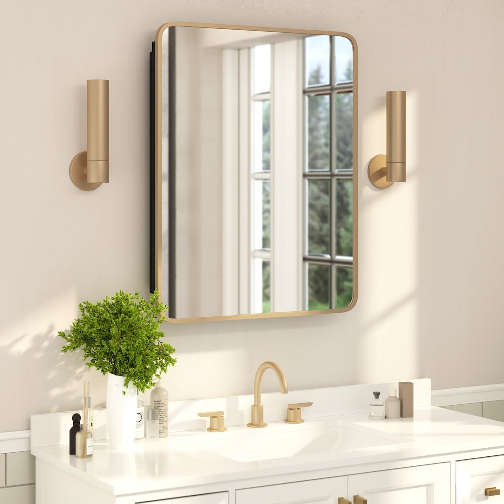 24" x 30"Bathroom Medicine Cabinet with Rounded Beveled Mirror, Gold. Picture 3