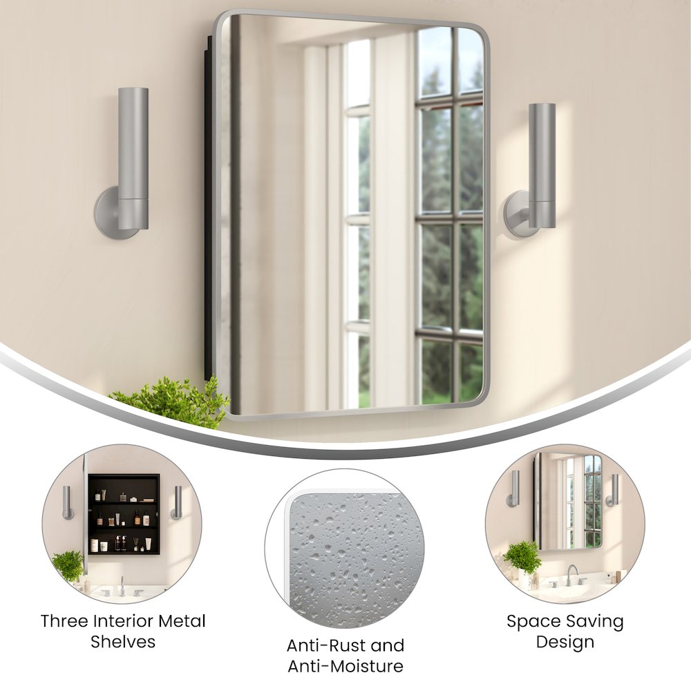 24" x 30"Bathroom Medicine Cabinet with Rounded Beveled Mirror, Silver. Picture 4