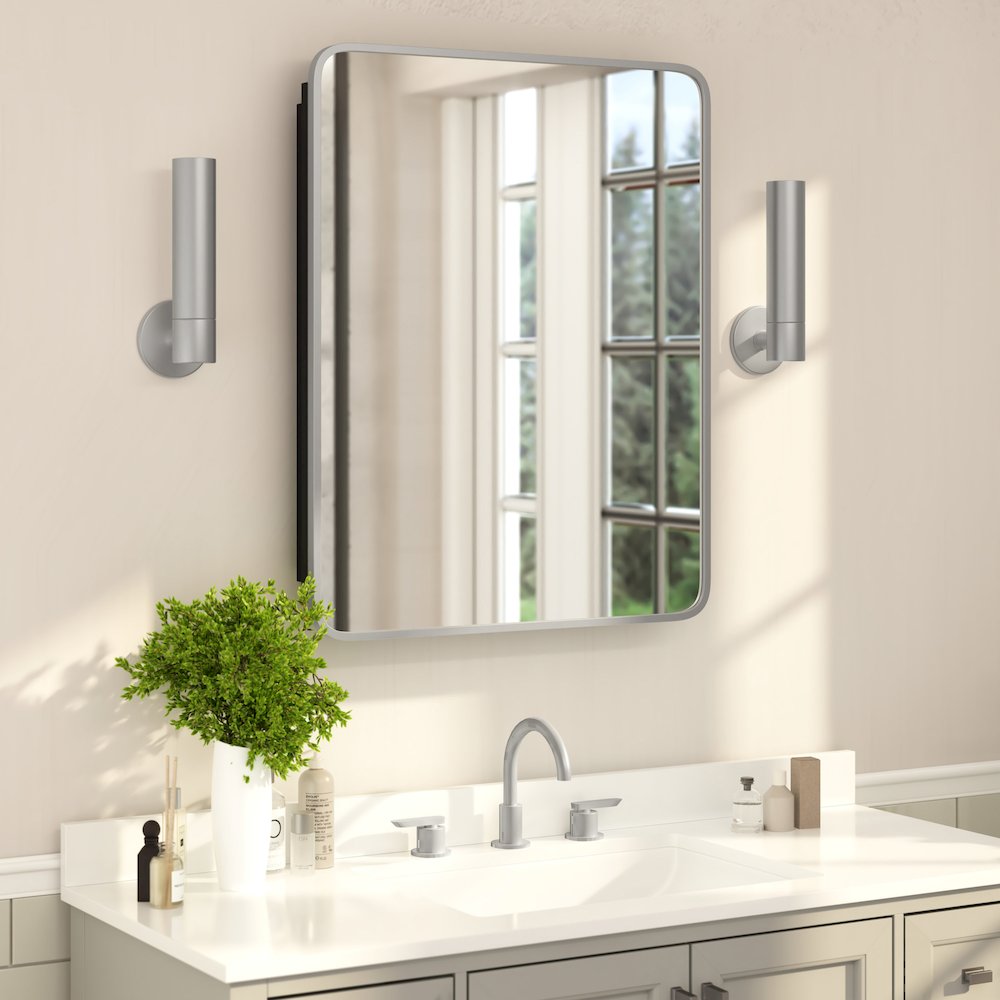 24" x 30"Bathroom Medicine Cabinet with Rounded Beveled Mirror, Silver. Picture 3