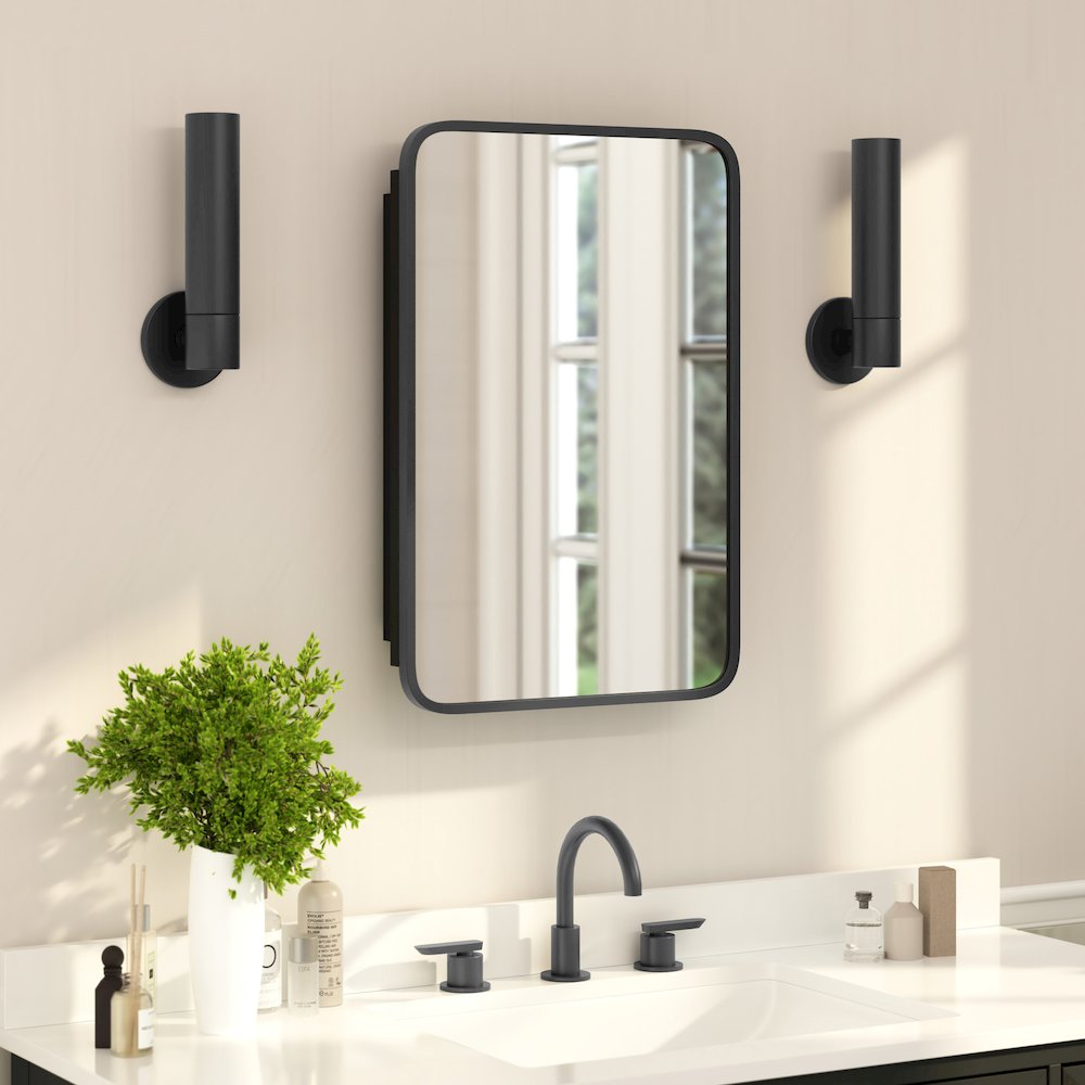 16" x 24"Bathroom Medicine Cabinet with Rounded Beveled Mirror, Black. Picture 3