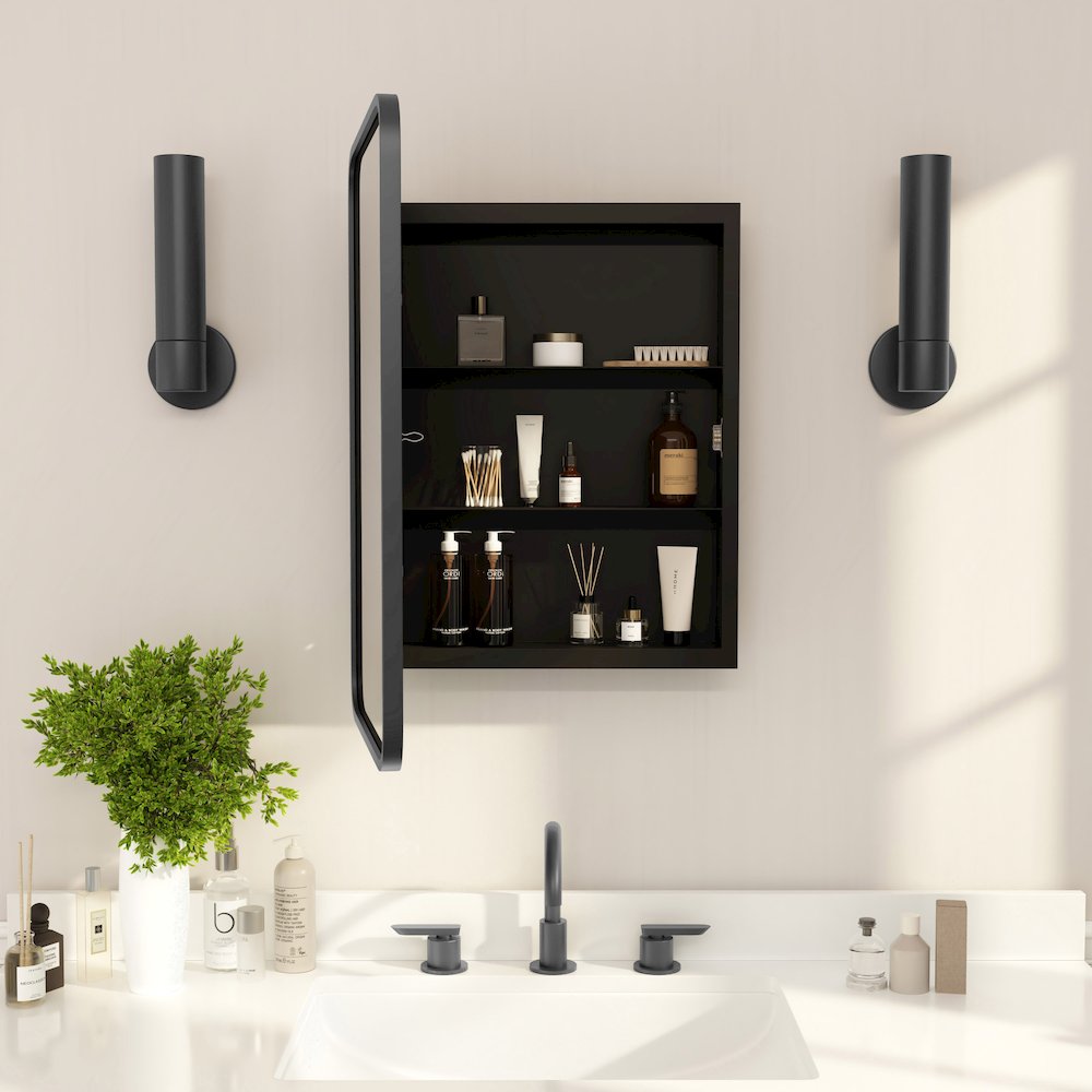 16" x 24"Bathroom Medicine Cabinet with Rounded Beveled Mirror, Black. Picture 6