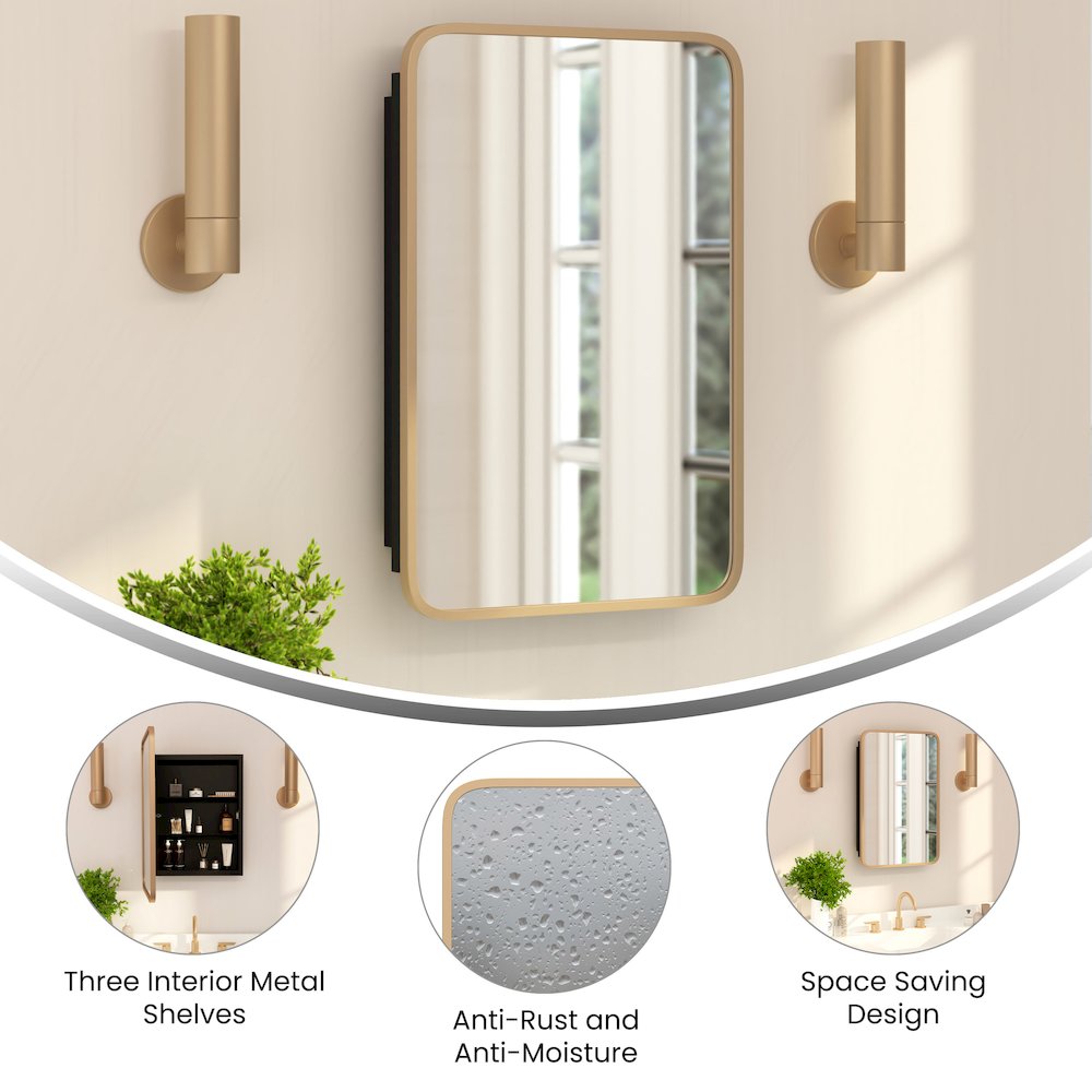 16" x 24"Bathroom Medicine Cabinet with Rounded Beveled Mirror, Gold. Picture 4